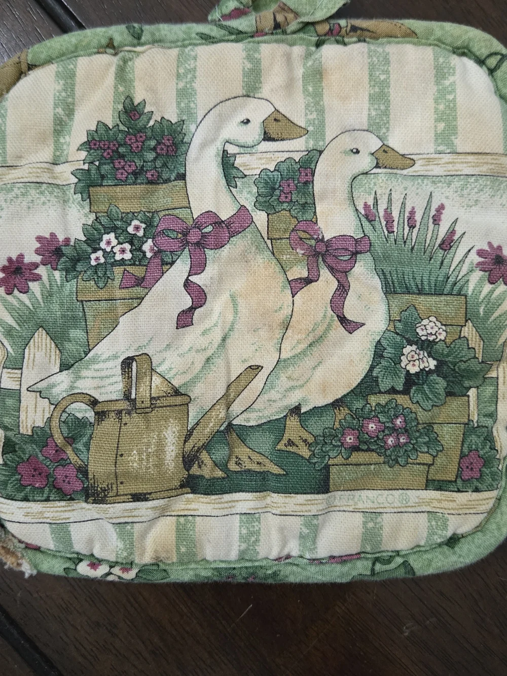 Duck Print Potholders with Garden Motif - Green, Pink, Cream